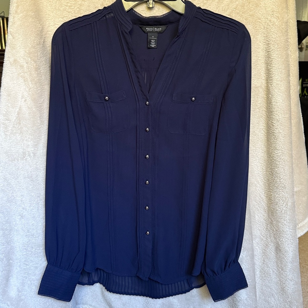 White House Black Market Navy Blue Sheer Blouse